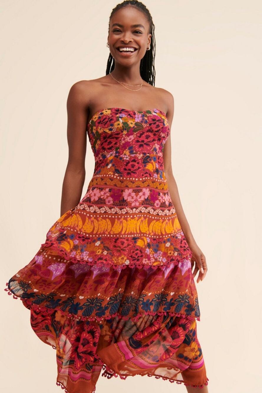 Farm Rio Anthropologie Floral Strapless Tiered Midi Dress New Large